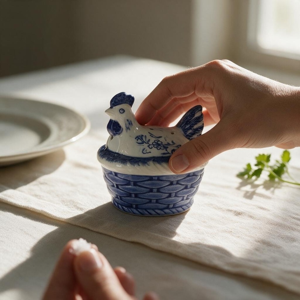 Vintage Blue and White Ceramic Hen on Nest Salt Shaker Farmhouse Replacement